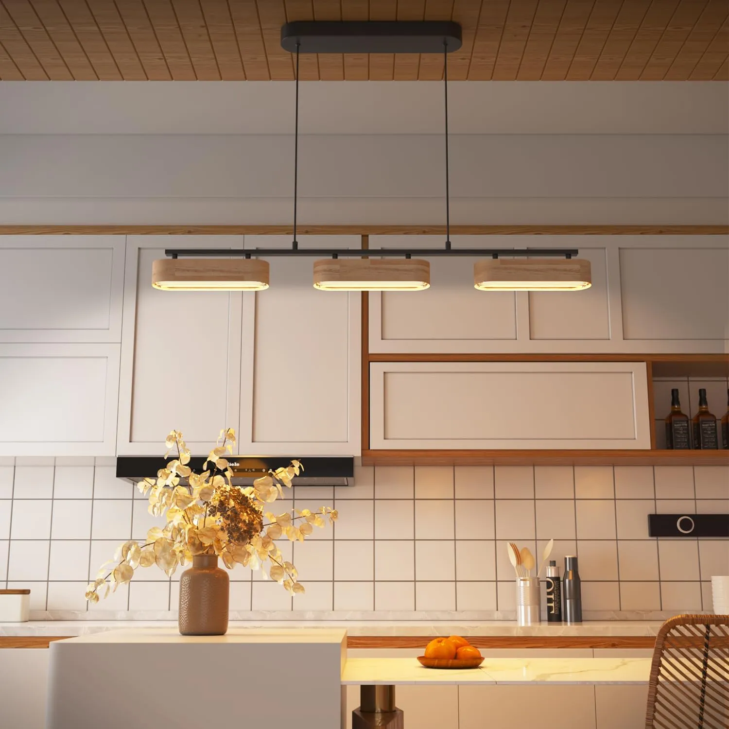 37.6" Linear Kitchen Island Lighting, 28W Wood Farmhouse Chandelier Dining Room Light Fixture, 3-Light Rustic Dimmable Pendant Lights for Kitchen Island Over Table