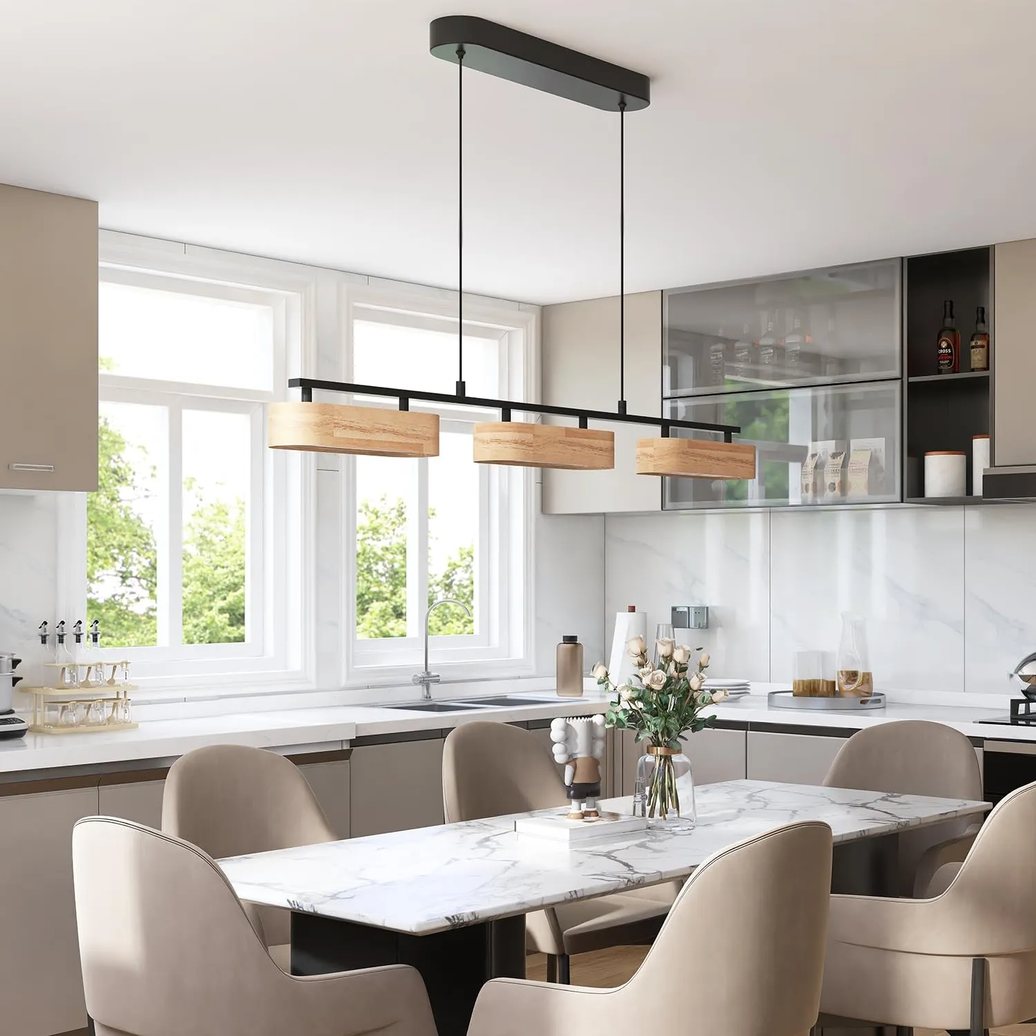 37.6" Linear Kitchen Island Lighting, 28W Wood Farmhouse Chandelier Dining Room Light Fixture, 3-Light Rustic Dimmable Pendant Lights for Kitchen Island Over Table