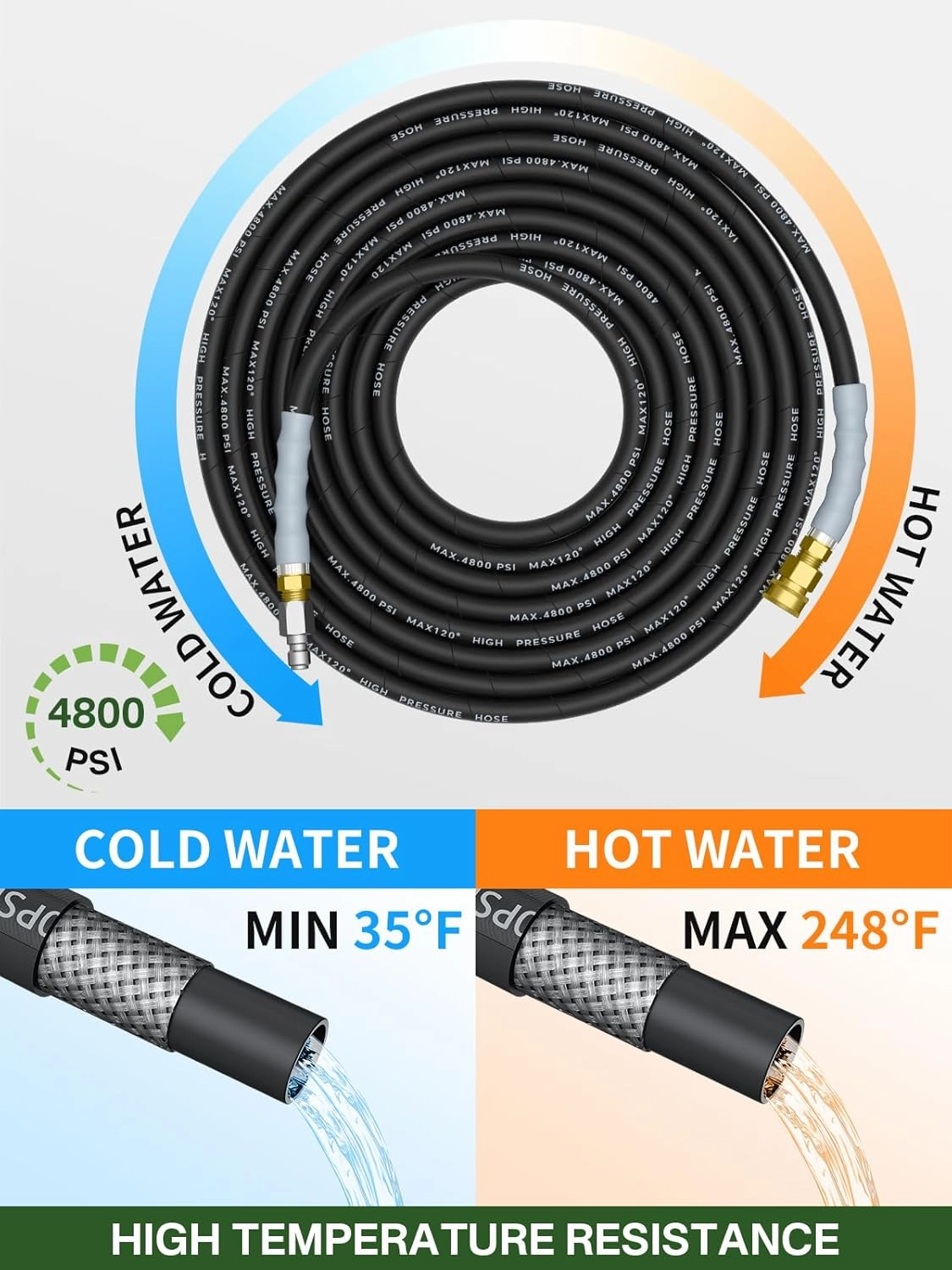 3/8" 4800PSI Pressure Washer Hose 100FT with Swivel Quick Connect for Cold/Hot Water Max 248°F, Kink Resistant Steel Wire Braided, Wear Resistant Power Washer Hose with M22 14mm Adapter