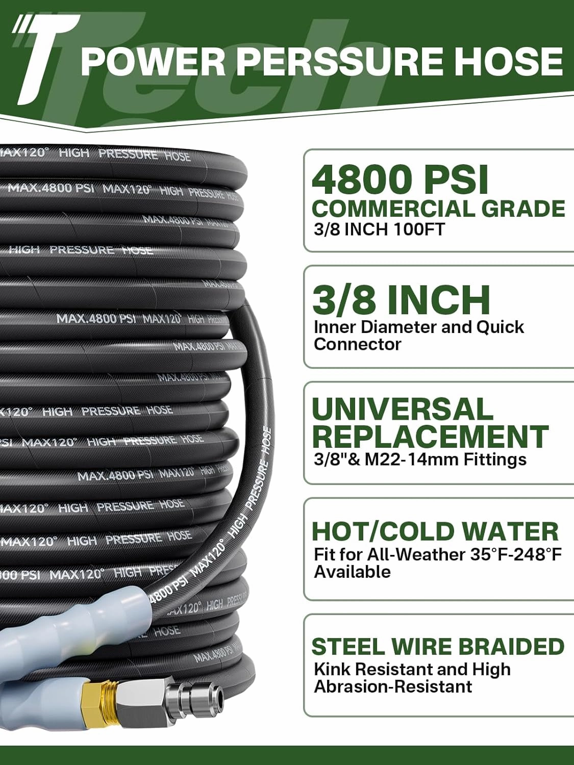 3/8" 4800PSI Pressure Washer Hose 100FT with Swivel Quick Connect for Cold/Hot Water Max 248°F, Kink Resistant Steel Wire Braided, Wear Resistant Power Washer Hose with M22 14mm Adapter
