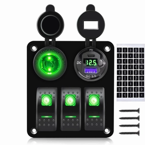 3 Gang Marine Rocker Switch Panel PD Type-C USB Port Socket 12V-24V Car Cigarette Lighter Power Outlet Battery LED Voltmeter with Button, Boat Switch Panel Waterproof for Truck RV Bus (Green)