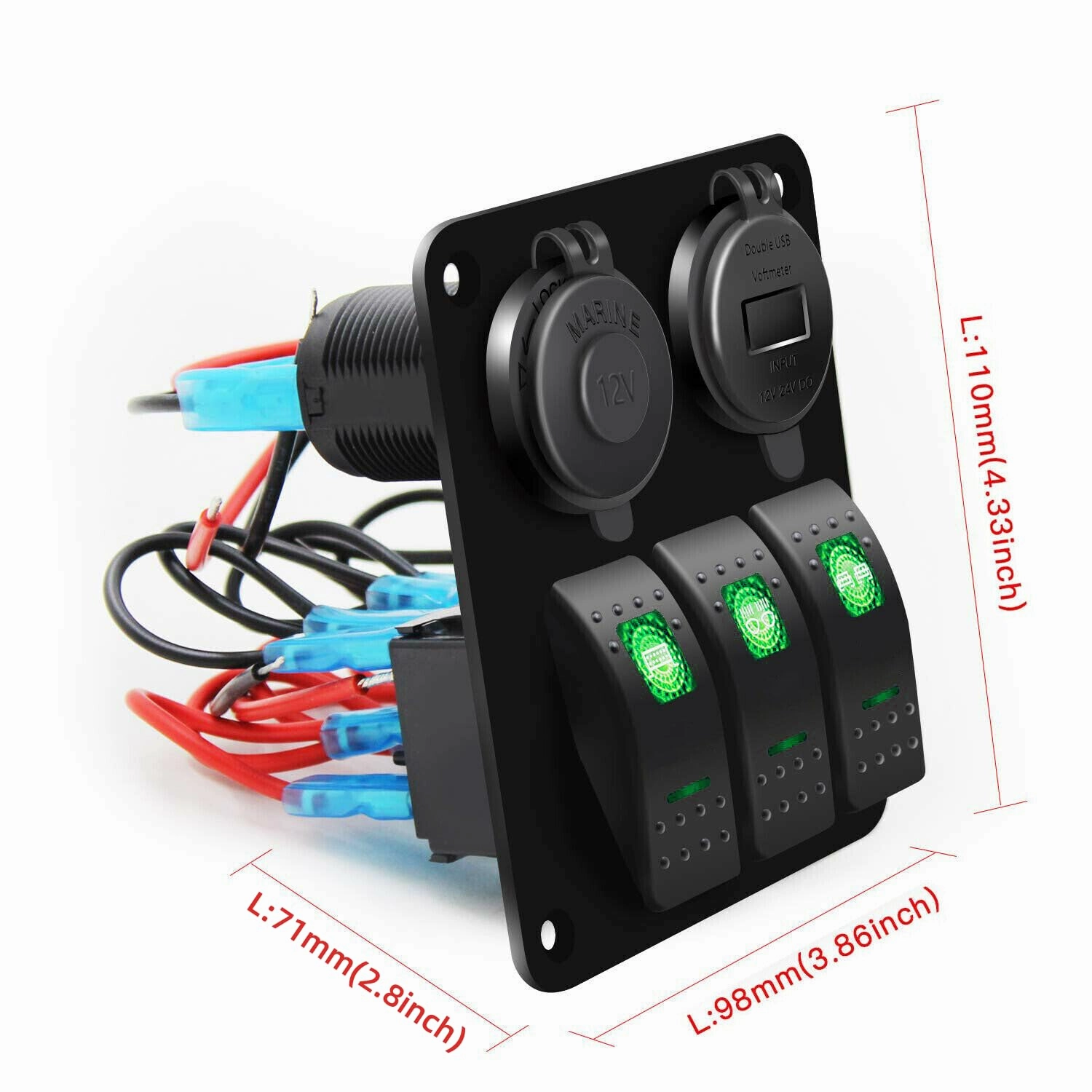 3 Gang Marine Rocker Switch Panel PD Type-C USB Port Socket 12V-24V Car Cigarette Lighter Power Outlet Battery LED Voltmeter with Button, Boat Switch Panel Waterproof for Truck RV Bus (Green)