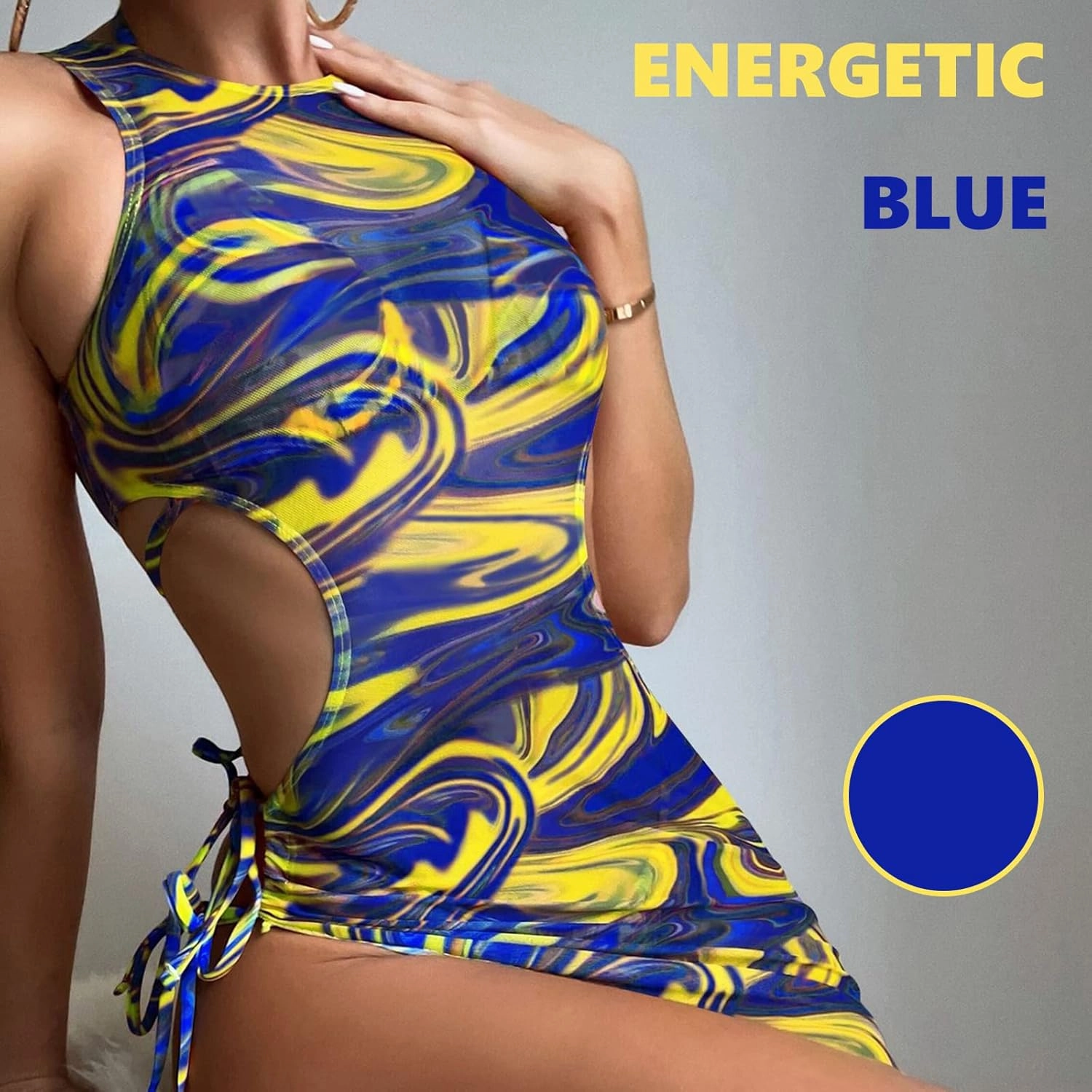 3 Piece Swimsuits for Women Padded Floral Print String Bikini Sets Bathing Suit Set Sexy Cutout High Neck Mesh Beach Cover Up