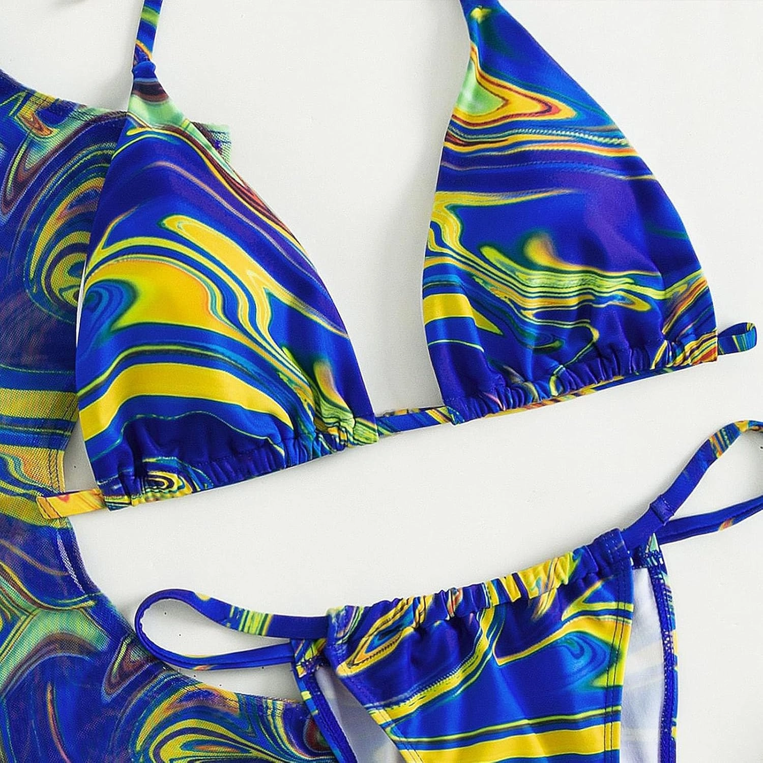 3 Piece Swimsuits for Women Padded Floral Print String Bikini Sets Bathing Suit Set Sexy Cutout High Neck Mesh Beach Cover Up