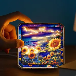 3D Wooden Night Light, Beach Puzzles for Adults, Acrylic Eye Care Night Light with Touchable Switch, Personalized Gifts for Family Friend DIY Lover（Rechargeable）