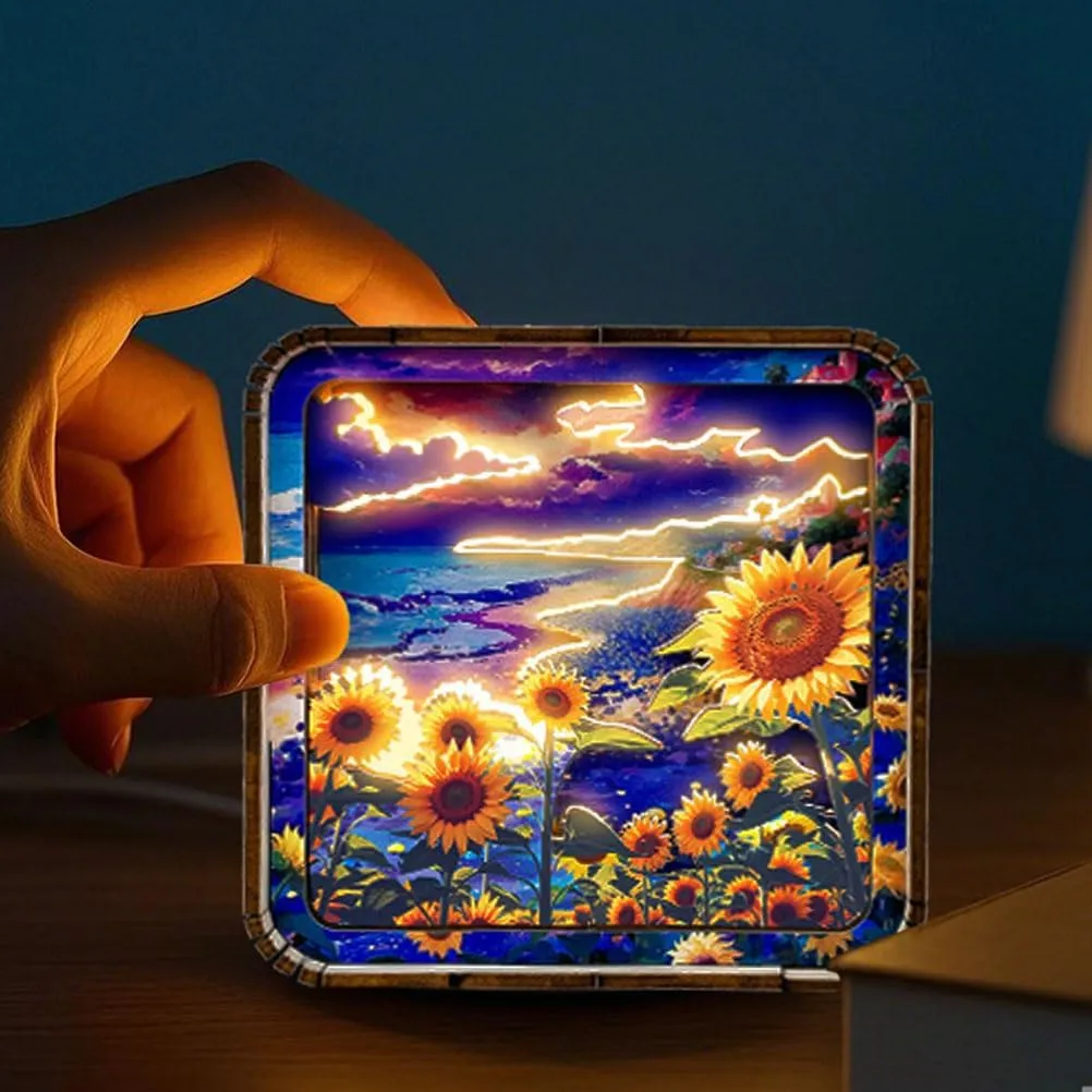 3D Wooden Night Light, Beach Puzzles for Adults, Acrylic Eye Care Night Light with Touchable Switch, Personalized Gifts for Family Friend DIY Lover（Rechargeable）