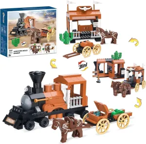 3in1 Train Carriage Building Kit, Stable and Animal Horses, Inn and Carriage with Horn Decoration, Creative Western Cowboy Themed Gifts for Boys Ages 6 Years and Up, 212 Pcs
