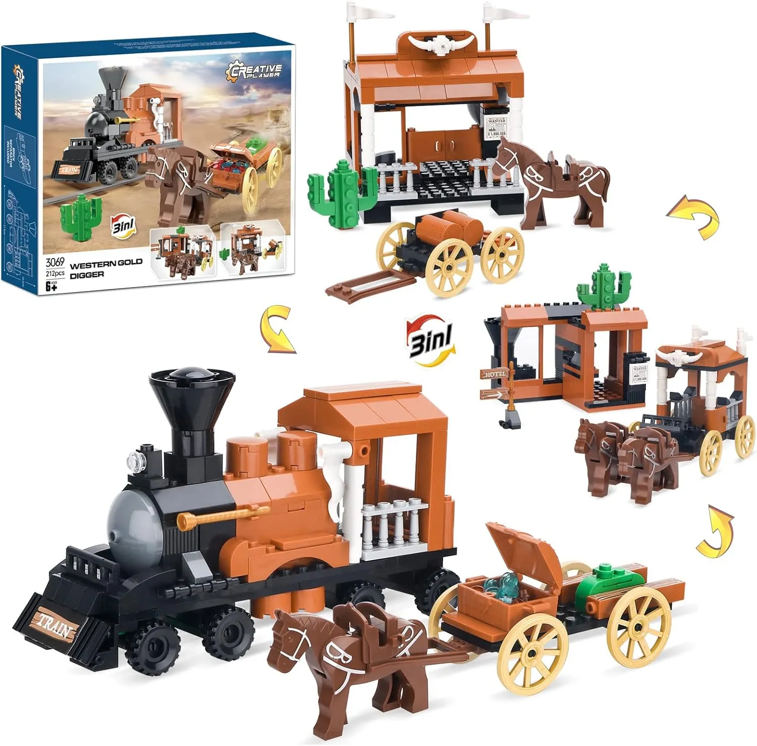 3in1 Train Carriage Building Kit, Stable and Animal Horses, Inn and Carriage with Horn Decoration, Creative Western Cowboy Themed Gifts for Boys Ages 6 Years and Up, 212 Pcs