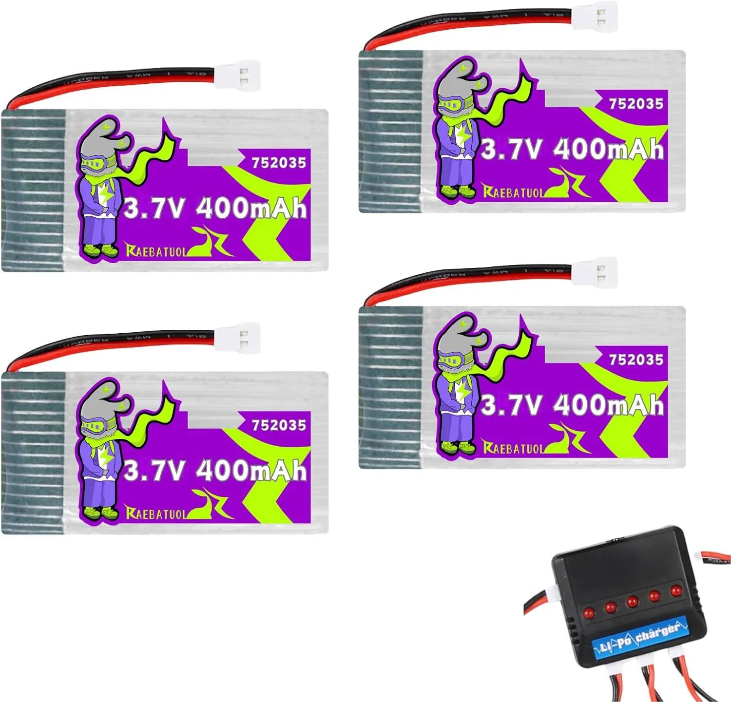 4 Pcs 3.7V 752035 400mAh LiPo Batteries with XH2.54 Plug,Rechargeable Fit for SYMA Q11 H99W H31 H6C H98 TR-C385 TR-P51 TR-F22 Quadcopter BF-109 Aircraft Model Drone AT-96 with 5 in1 Charge