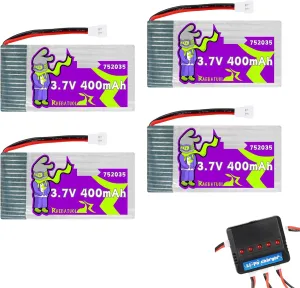4 Pcs 3.7V 752035 400mAh LiPo Batteries with XH2.54 Plug,Rechargeable Fit for SYMA Q11 H99W H31 H6C H98 TR-C385 TR-P51 TR-F22 Quadcopter BF-109 Aircraft Model Drone AT-96 with 5 in1 Charge