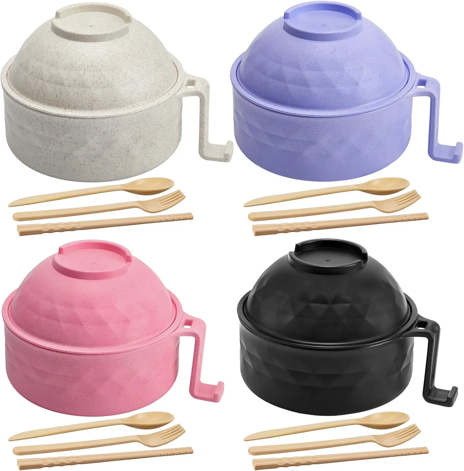 4 Sets Microwave Ramen Cooker Set 33 oz Quick Ramen Bowl Set Microwave Noodle Cooker with Handle Noodle Bowl with Spoon Chopsticks Fork College Dorm Room(Black, Beige, Pink, Purple)