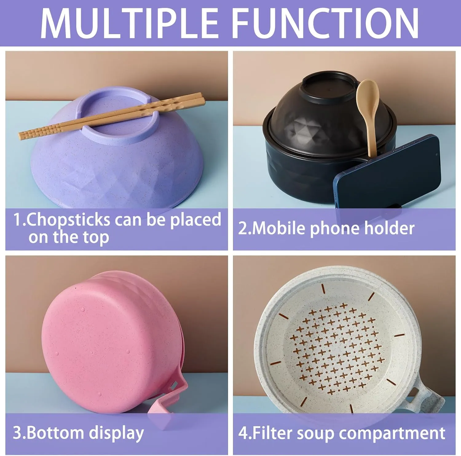 4 Sets Microwave Ramen Cooker Set 33 oz Quick Ramen Bowl Set Microwave Noodle Cooker with Handle Noodle Bowl with Spoon Chopsticks Fork College Dorm Room(Black, Beige, Pink, Purple)