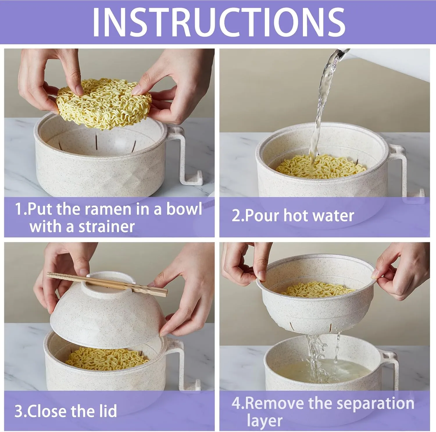 4 Sets Microwave Ramen Cooker Set 33 oz Quick Ramen Bowl Set Microwave Noodle Cooker with Handle Noodle Bowl with Spoon Chopsticks Fork College Dorm Room(Black, Beige, Pink, Purple)