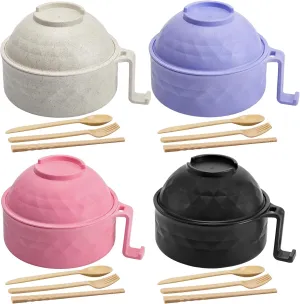 4 Sets Microwave Ramen Cooker Set 33 oz Quick Ramen Bowl Set Microwave Noodle Cooker with Handle Noodle Bowl with Spoon Chopsticks Fork College Dorm Room(Black, Beige, Pink, Purple)