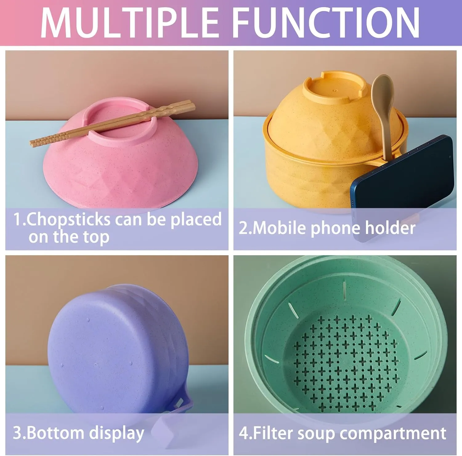 4 Sets Microwave Ramen Cooker Set 33 oz Quick Ramen Bowl Set Microwave Noodle Cooker with Handle Noodle Bowl with Spoon Chopsticks Fork College Dorm Room(Bright Colors)