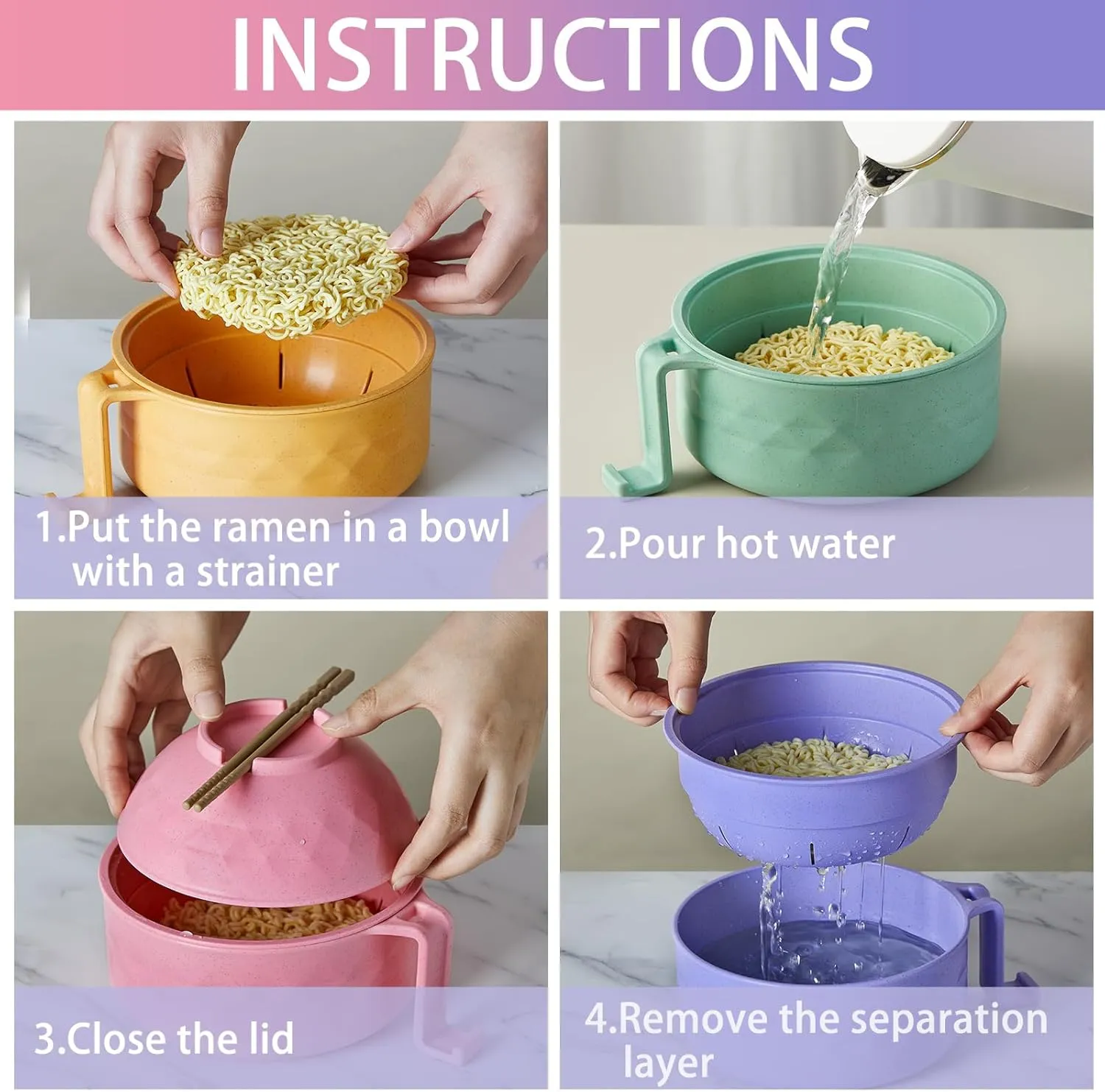 4 Sets Microwave Ramen Cooker Set 33 oz Quick Ramen Bowl Set Microwave Noodle Cooker with Handle Noodle Bowl with Spoon Chopsticks Fork College Dorm Room(Bright Colors)