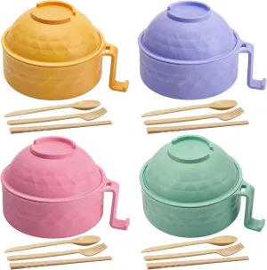 4 Sets Microwave Ramen Cooker Set 33 oz Quick Ramen Bowl Set Microwave Noodle Cooker with Handle Noodle Bowl with Spoon Chopsticks Fork College Dorm Room(Bright Colors)