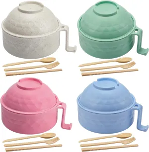 4 Sets Microwave Ramen Cooker Set 33 oz Quick Ramen Bowl Set Microwave Noodle Cooker with Handle Noodle Bowl with Spoon Chopsticks Fork College Dorm Room(Fresh Colors)