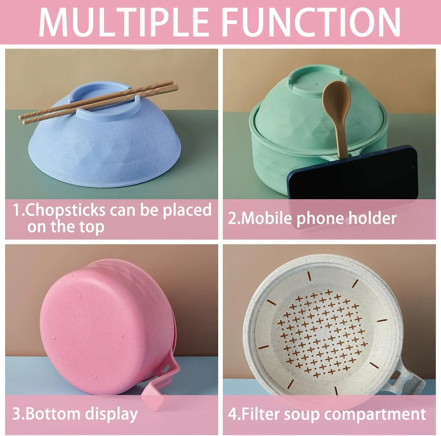 4 Sets Microwave Ramen Cooker Set 33 oz Quick Ramen Bowl Set Microwave Noodle Cooker with Handle Noodle Bowl with Spoon Chopsticks Fork College Dorm Room(Fresh Colors)