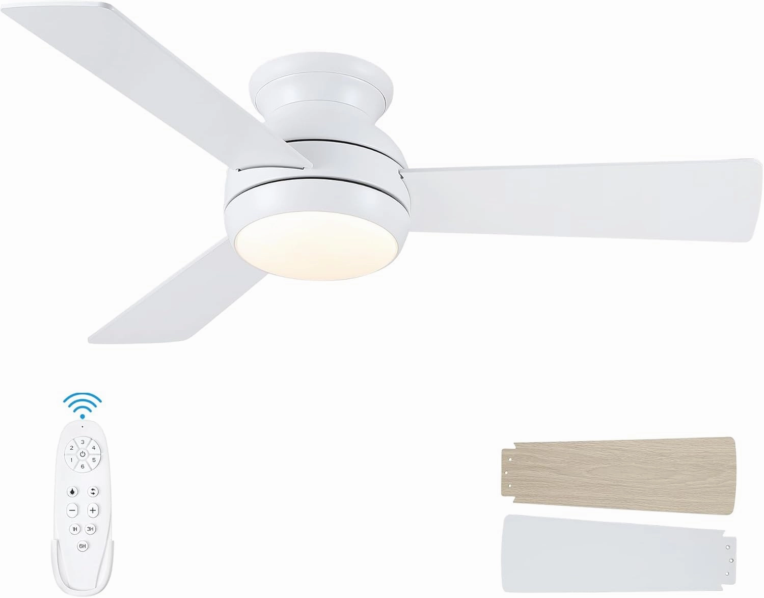 42 Inch Ceiling Fans with Lights and Remote, White Low Profile Ceiling Fan with Light, Flush Mount, Reversible, 6 Speeds, 3CCT Dimmable, Bedroom Indoor/Outdoor Patios Use