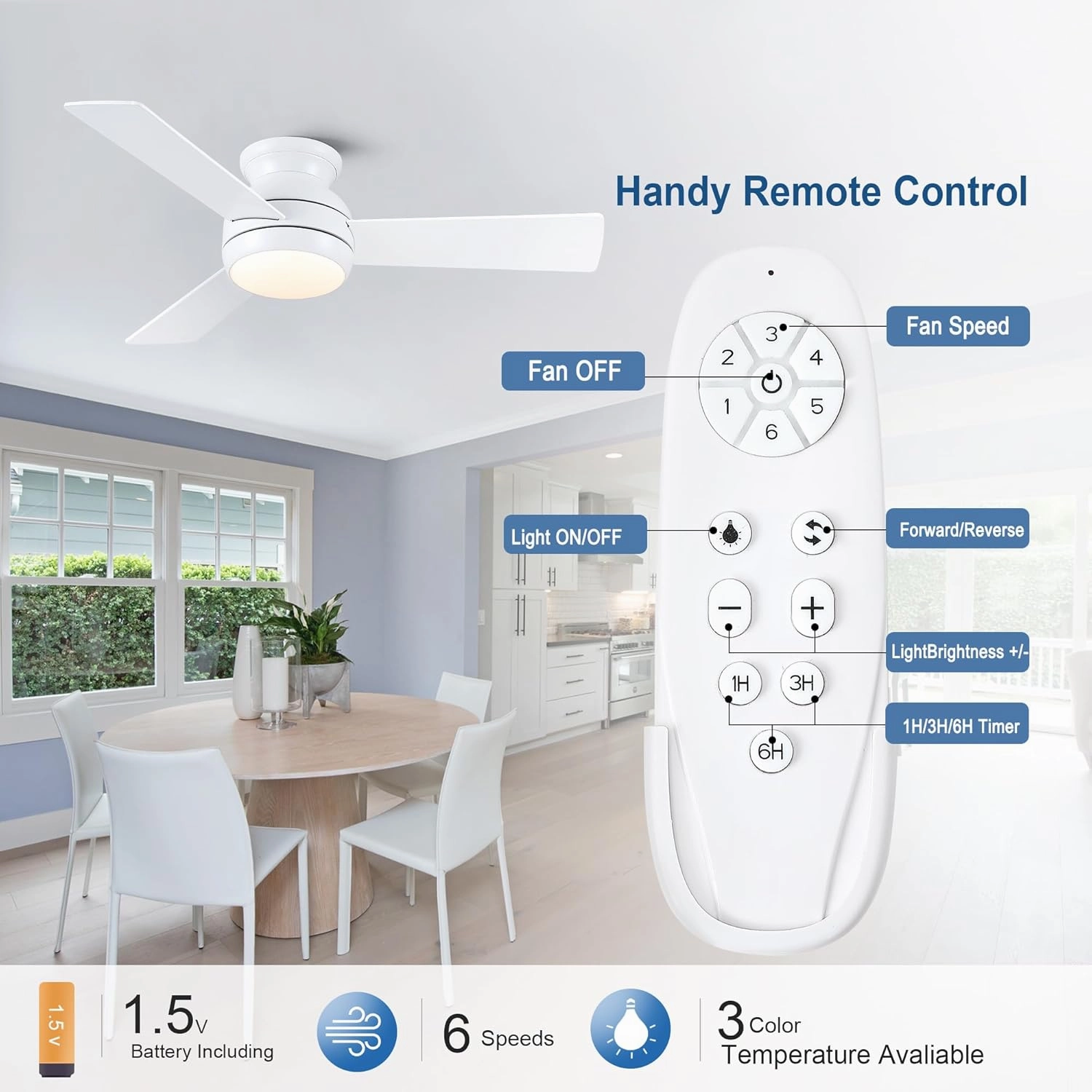 42 Inch Ceiling Fans with Lights and Remote, White Low Profile Ceiling Fan with Light, Flush Mount, Reversible, 6 Speeds, 3CCT Dimmable, Bedroom Indoor/Outdoor Patios Use