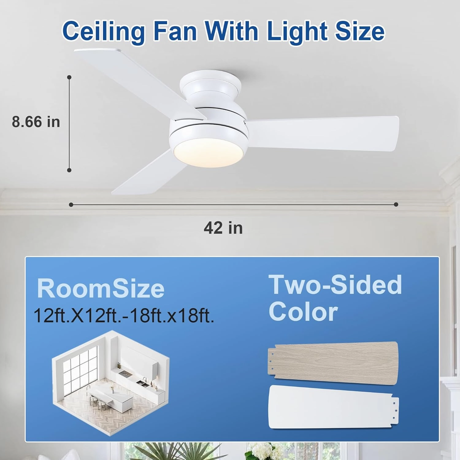 42 Inch Ceiling Fans with Lights and Remote, White Low Profile Ceiling Fan with Light, Flush Mount, Reversible, 6 Speeds, 3CCT Dimmable, Bedroom Indoor/Outdoor Patios Use