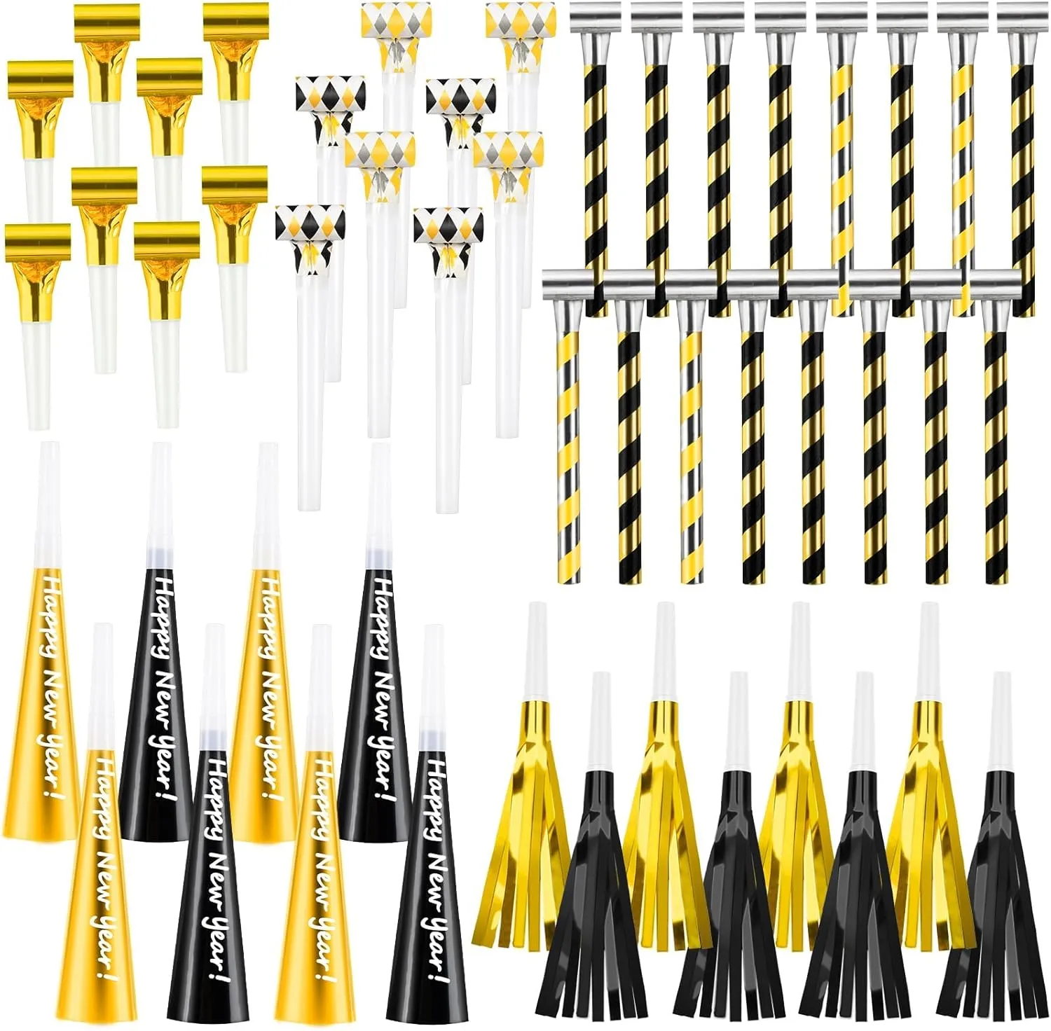 48 Pcs New Year Party Blowers Horns Set Musical Paper Noisemakers Glitter Fringed Metal Blowouts Colorful Whistles for New Years Eve Party Supplies
