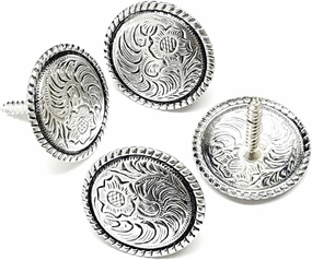 4 Pack Set 1-1/2" Western Saddle Bright Engraved with Black Inlay Concho with Wood Screw Back - Screw-in Saddle Conchos
