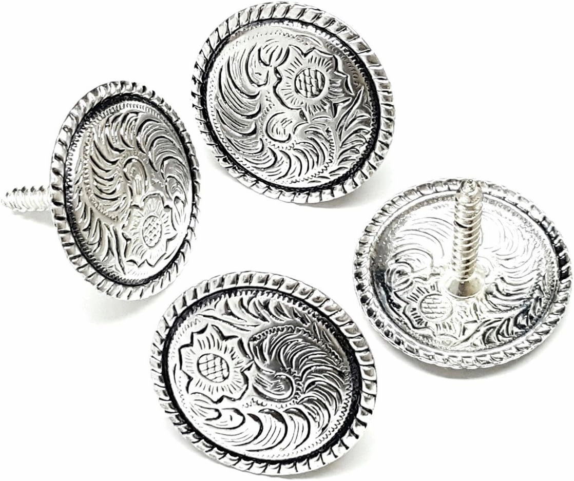 4 Pack Set 1-1/2" Western Saddle Bright Engraved with Black Inlay Concho with Wood Screw Back - Screw-in Saddle Conchos