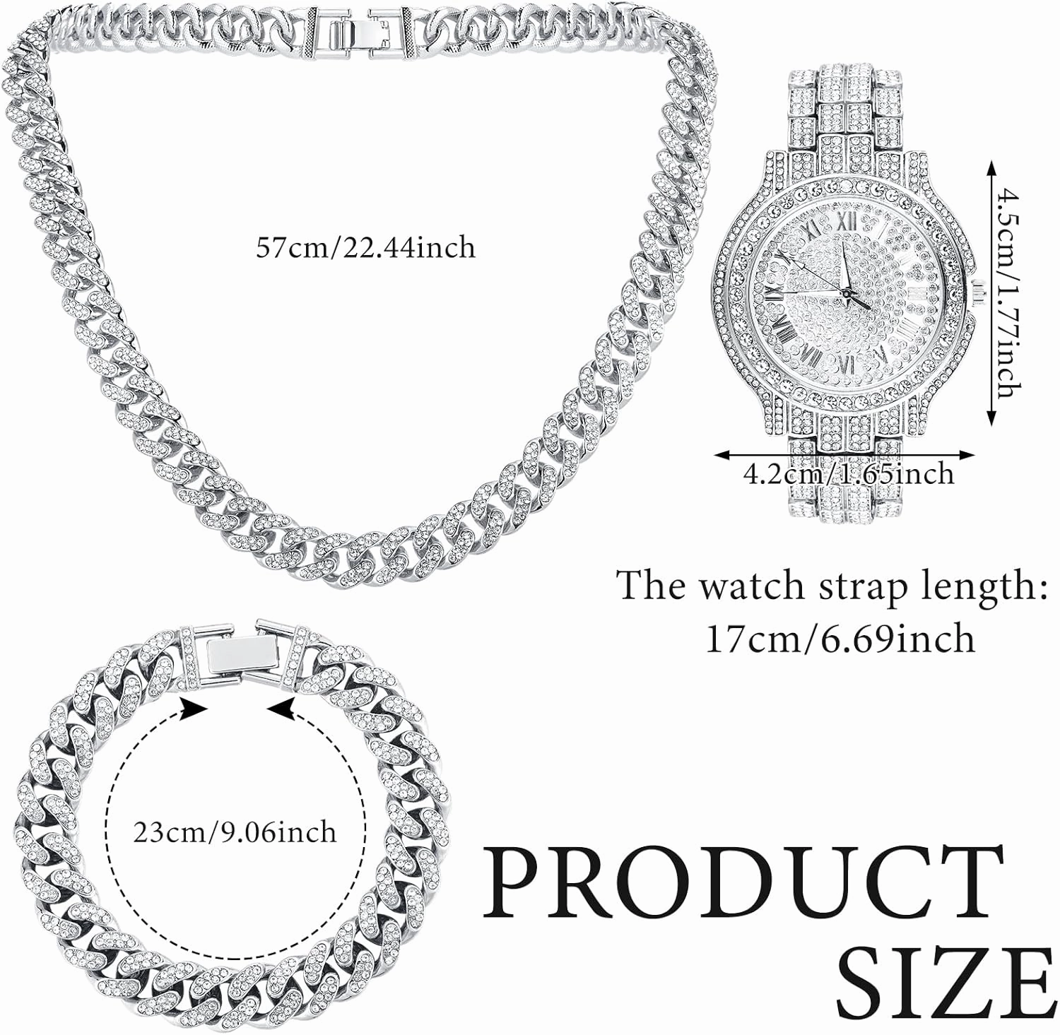 4 Pcs Hip Hop Jewelry Set Cuban Link Chains Bling Rhinestone Watch for Man Artificial Diamond Necklace Bracelet Watch