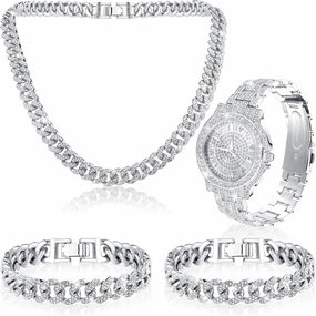 4 Pcs Hip Hop Jewelry Set Cuban Link Chains Bling Rhinestone Watch for Man Artificial Diamond Necklace Bracelet Watch