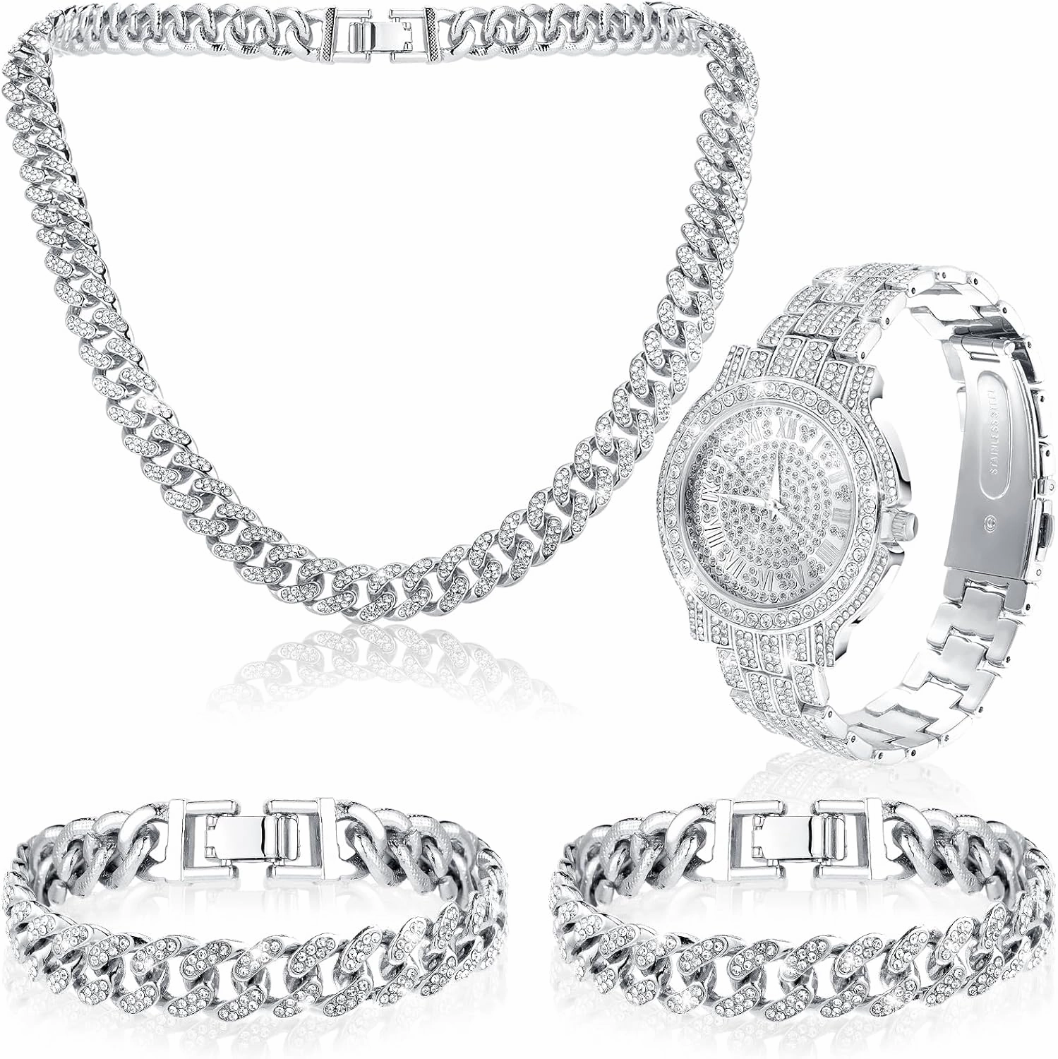 4 Pcs Hip Hop Jewelry Set Cuban Link Chains Bling Rhinestone Watch for Man Artificial Diamond Necklace Bracelet Watch