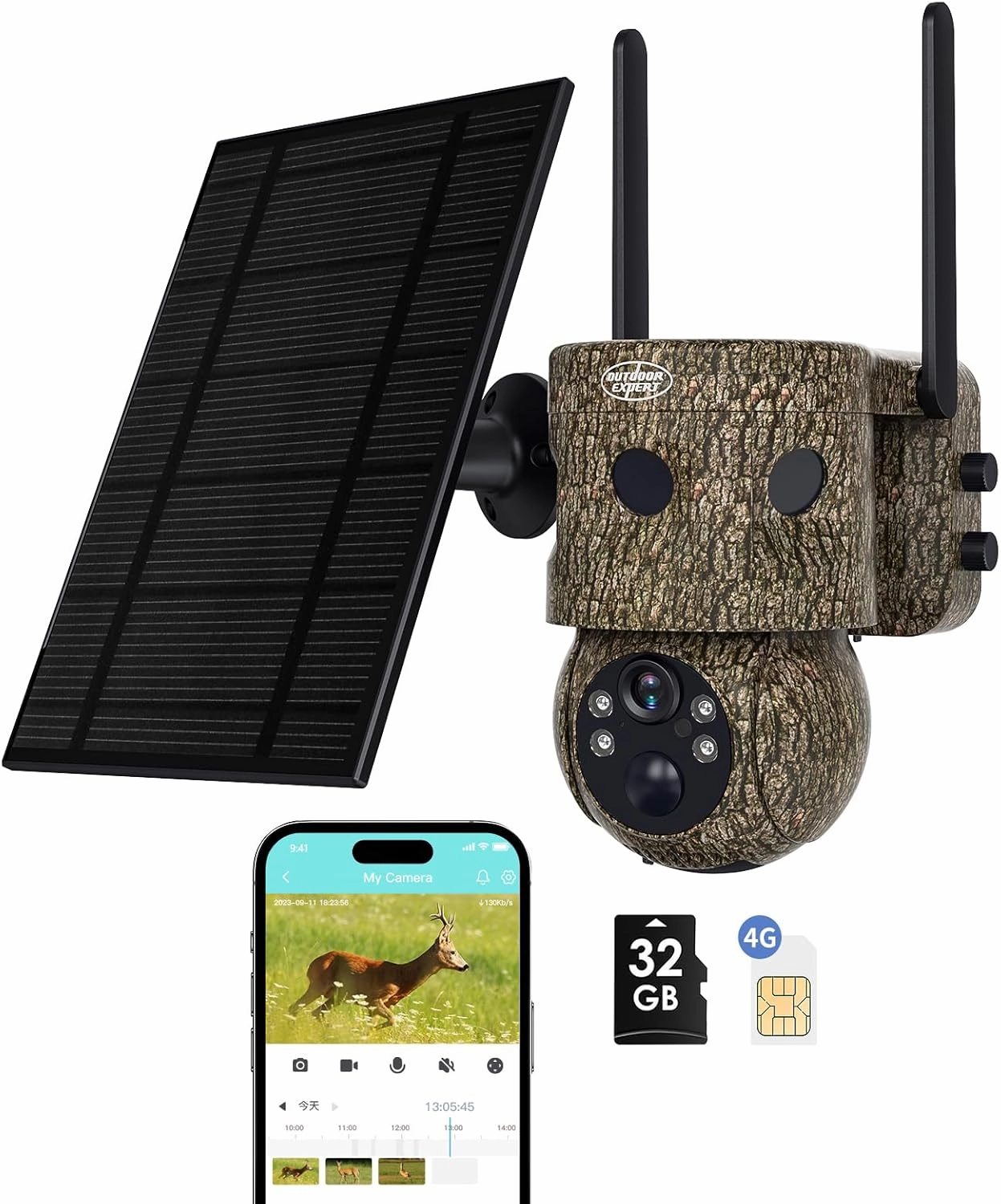 4G LTE Cellular Trail Camera,2K /360° Live Stream Camera & 24/7 Recording,with 180° PIR Intrusion Detection and 7.5W Solar Panel by App Control Inculdes 32G SD&SIM Card