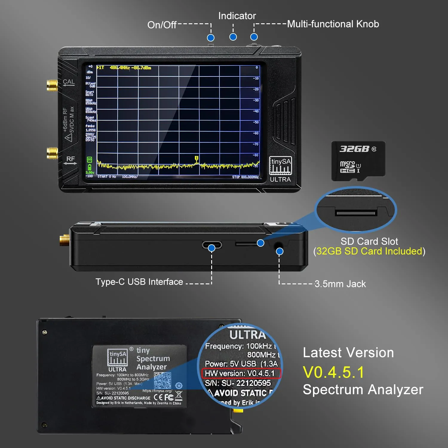 4Inch TinySA Ultra Spectrum Analyzer 100kHz-5.3GHz,V0.4.5.1 Portable Tiny Frequency Analyzer with 32GB SD Card & 3000mAh Battery, 2-in-1 RF Signal Generator RBW LNA DANL Phase Noise