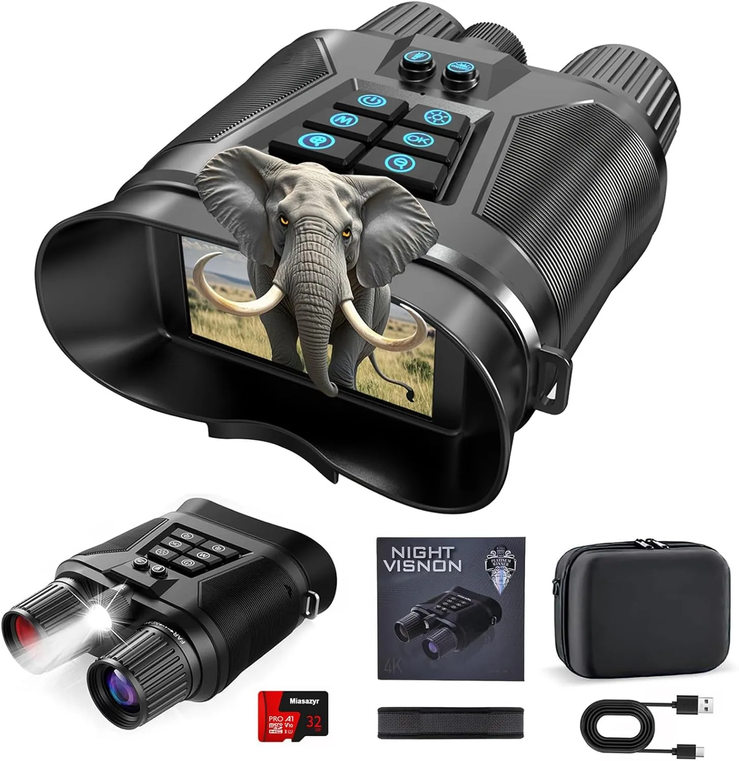 4K Night Vision Binoculars for Adults, 3'' Large Screen Digital Binoculars with External Flashlight, 8X Zoom, Rechargeable, Card for Photo and Video