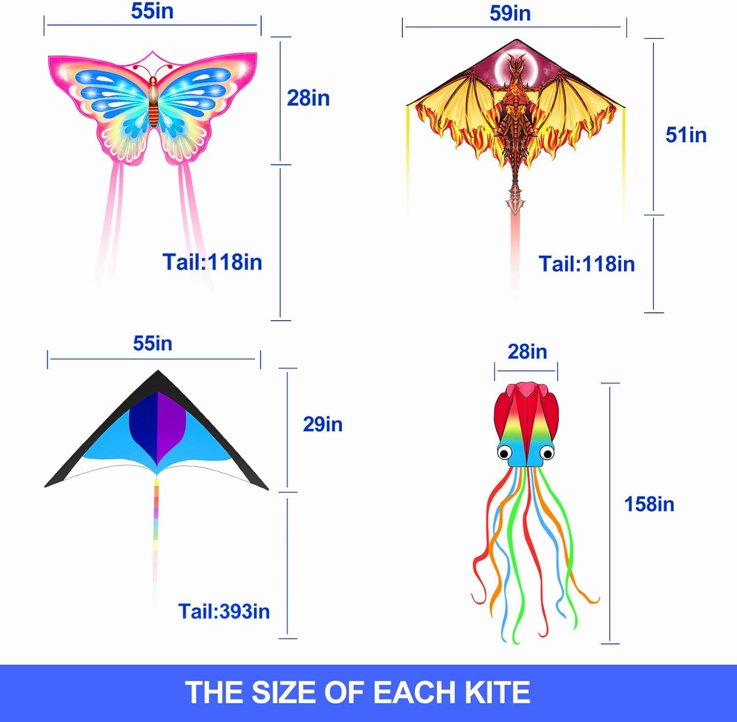 4Pack Large Kite Set - Easy to Fly for Kids Adults, Beach & Park & Outdoor Activities, Perfect for Easter and Festival