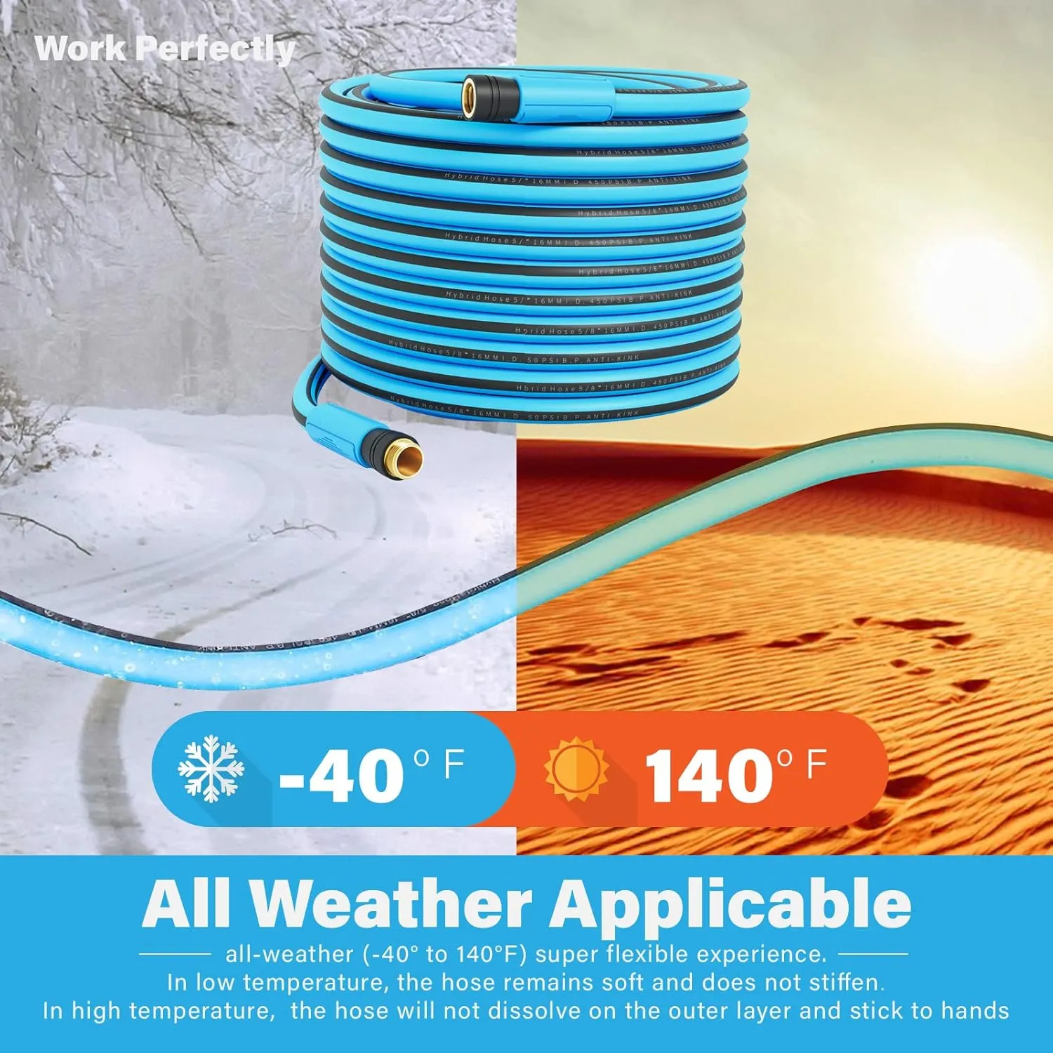 50FT Heavy-Duty Garden Hose with Solid Brass Connectors, 5/8 Inch Flexible Hybrid Rubber, All-Weather Lightweight & Kink-Resistant Water Hose