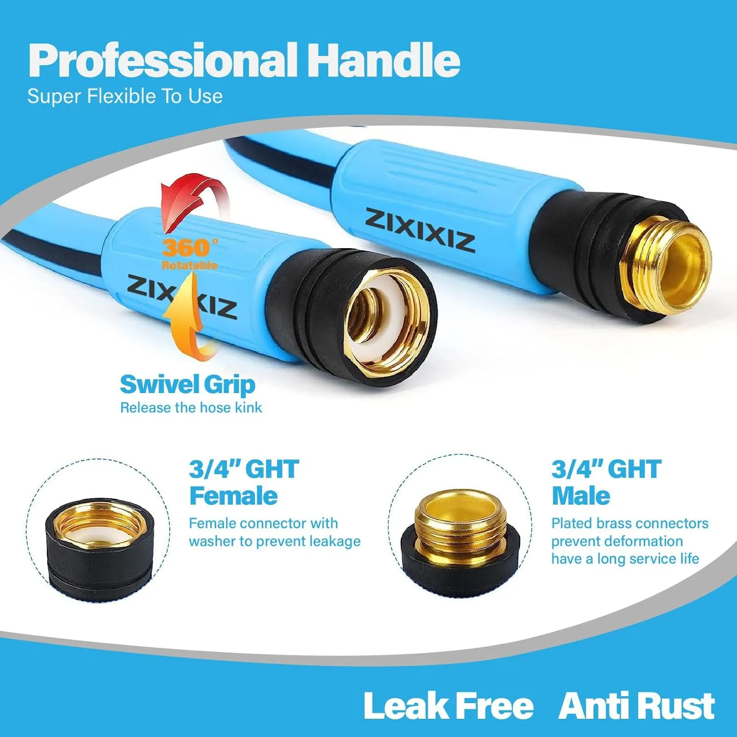 50FT Heavy-Duty Garden Hose with Solid Brass Connectors, 5/8 Inch Flexible Hybrid Rubber, All-Weather Lightweight & Kink-Resistant Water Hose