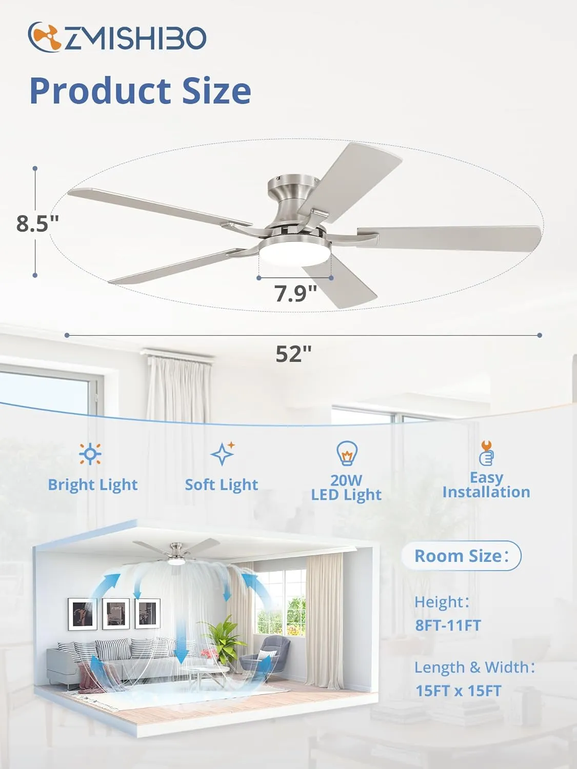 52 Inch Ceiling Fan with Light, App&Remote Control, Flush Mount Low Profile, Dimmable 20W LED Light, Quiet Reversible Motor for Bedroom, Living Room, Apartment, Nickel