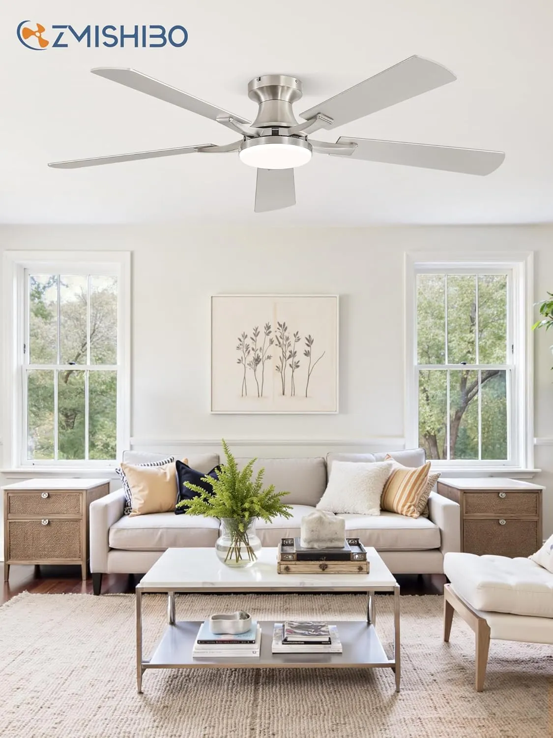 52 Inch Ceiling Fan with Light, App&Remote Control, Flush Mount Low Profile, Dimmable 20W LED Light, Quiet Reversible Motor for Bedroom, Living Room, Apartment, Nickel