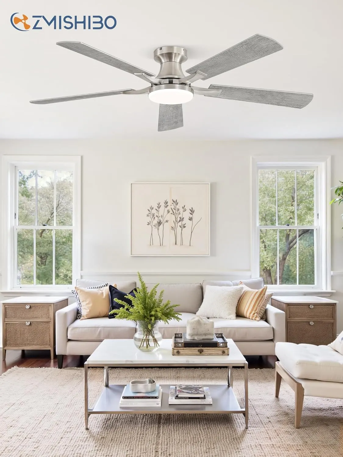 52 Inch Ceiling Fan with Light, App&Remote Control, Flush Mount Low Profile, Dimmable 20W LED Light, Quiet Reversible Motor for Bedroom, Living Room, Apartment, Nickel