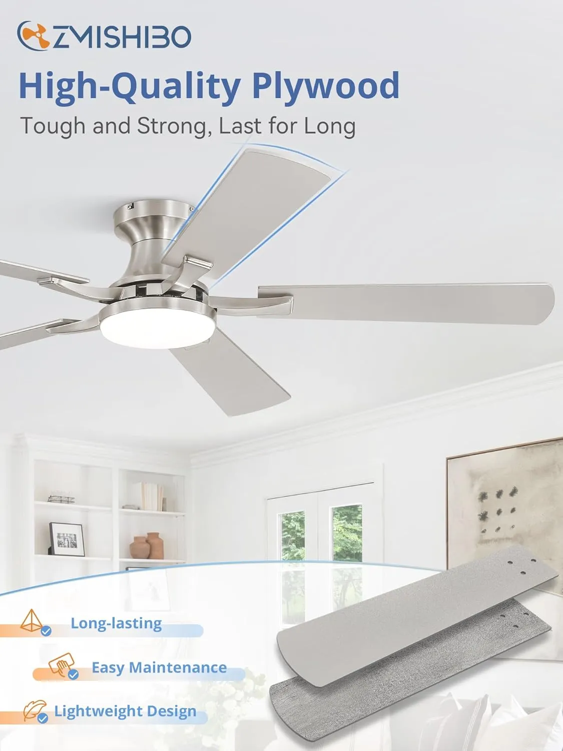 52 Inch Ceiling Fan with Light, App&Remote Control, Flush Mount Low Profile, Dimmable 20W LED Light, Quiet Reversible Motor for Bedroom, Living Room, Apartment, Nickel
