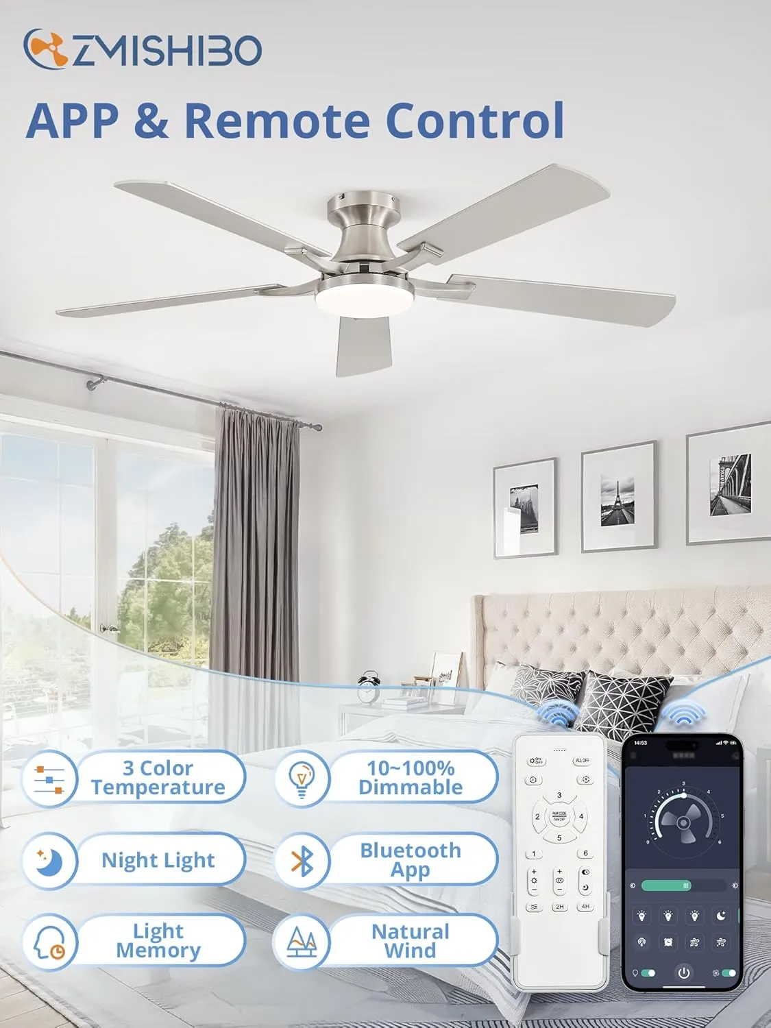 52 Inch Ceiling Fan with Light, App&Remote Control, Flush Mount Low Profile, Dimmable 20W LED Light, Quiet Reversible Motor for Bedroom, Living Room, Apartment, Nickel