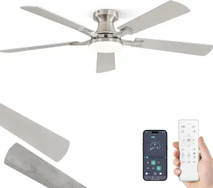 52 Inch Ceiling Fan with Light, App&Remote Control, Flush Mount Low Profile, Dimmable 20W LED Light, Quiet Reversible Motor for Bedroom, Living Room, Apartment, Nickel