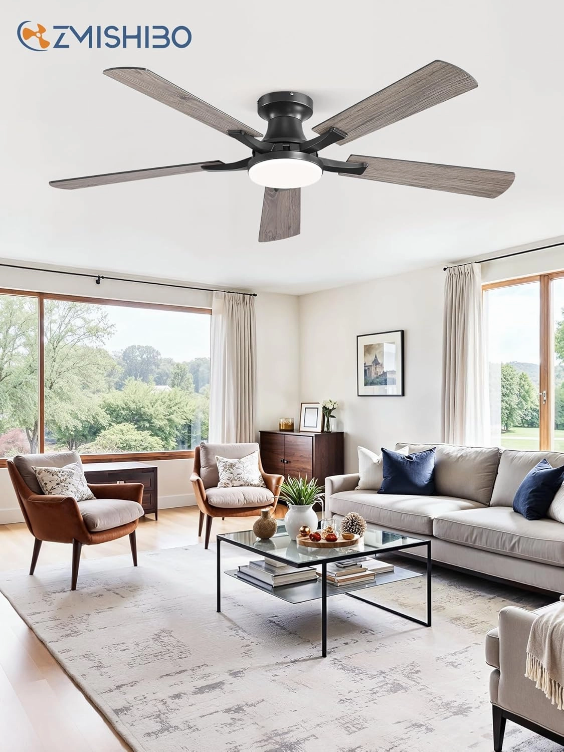 52 Inch Ceiling Fan with Light, App&Remote Control, Flush Mount Low Profile, Dimmable 20W LED Light, Quiet Reversible Motor for Bedroom, Living Room, Apartment, Black