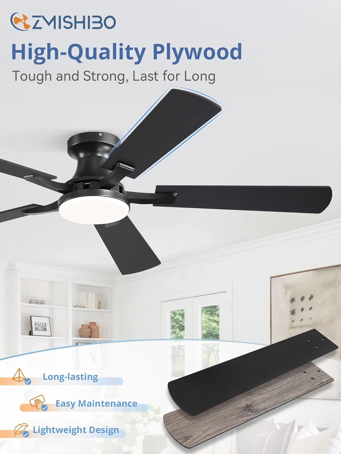 52 Inch Ceiling Fan with Light, App&Remote Control, Flush Mount Low Profile, Dimmable 20W LED Light, Quiet Reversible Motor for Bedroom, Living Room, Apartment, Black