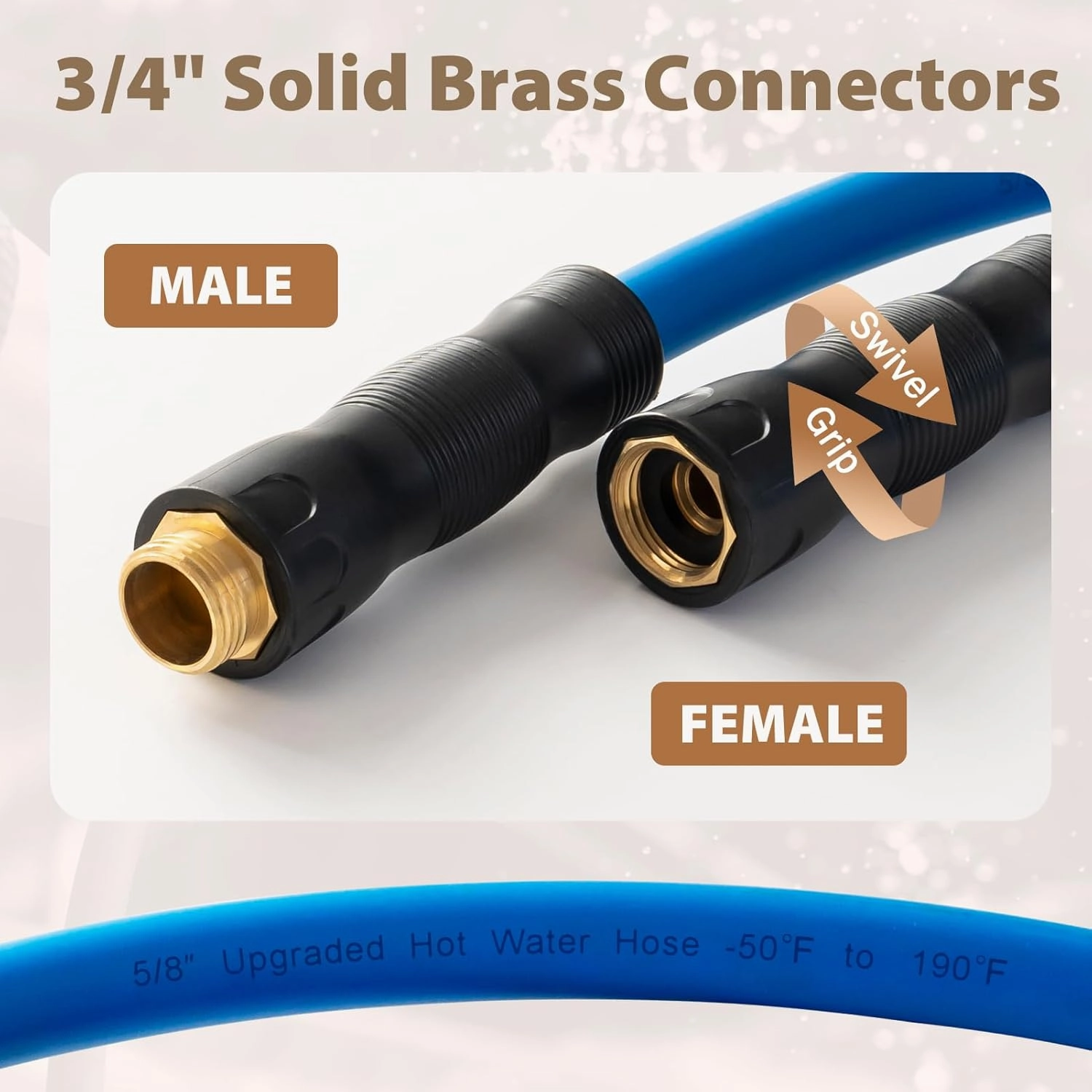 5/8" Hot/Cold Water Hose 50ft, -50℉ To 190℉ Heavy Duty,Flexible,Burst 600 Psi 3/4" Brass Fittings with Swivel Grip Handle for Outdoor,Yard, Farm, Blue