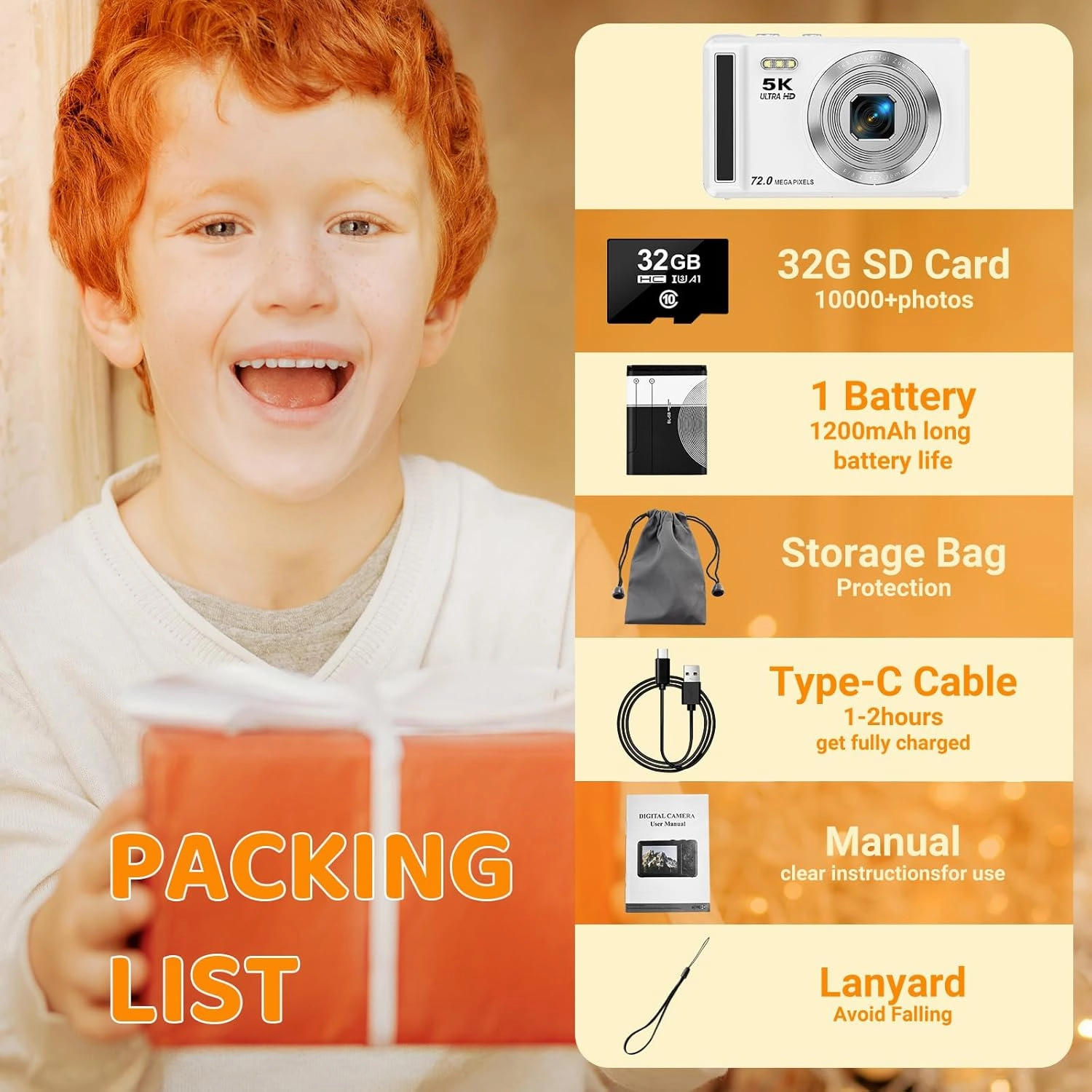 5K Digital Camera - 72MP Digital Cameras with 16X Zoom for Kids' Gifts - Autofocus Point and Shoot Digital Camera for Photography - UHD 2.8'' Screen Compact Portable Camera with 32GB SD Card