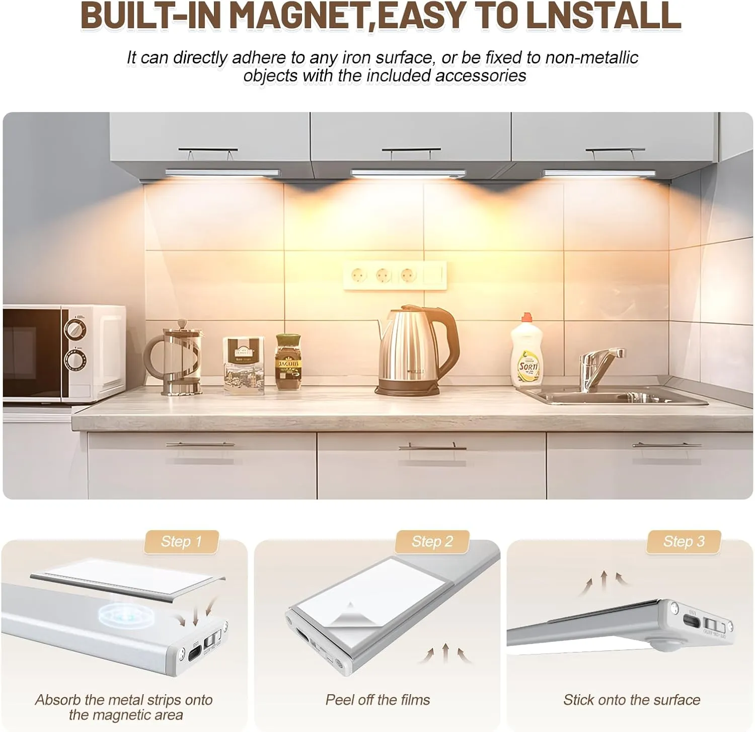 6 Pack Under Cabinet Lights Wireless, 40 LED Motion Sensor Light Indoor Rechargeable Magnetic Closet Lights Battery Operated, Under Counter Lights for Kitchen, Wardrobe, Stairs, Warm Light