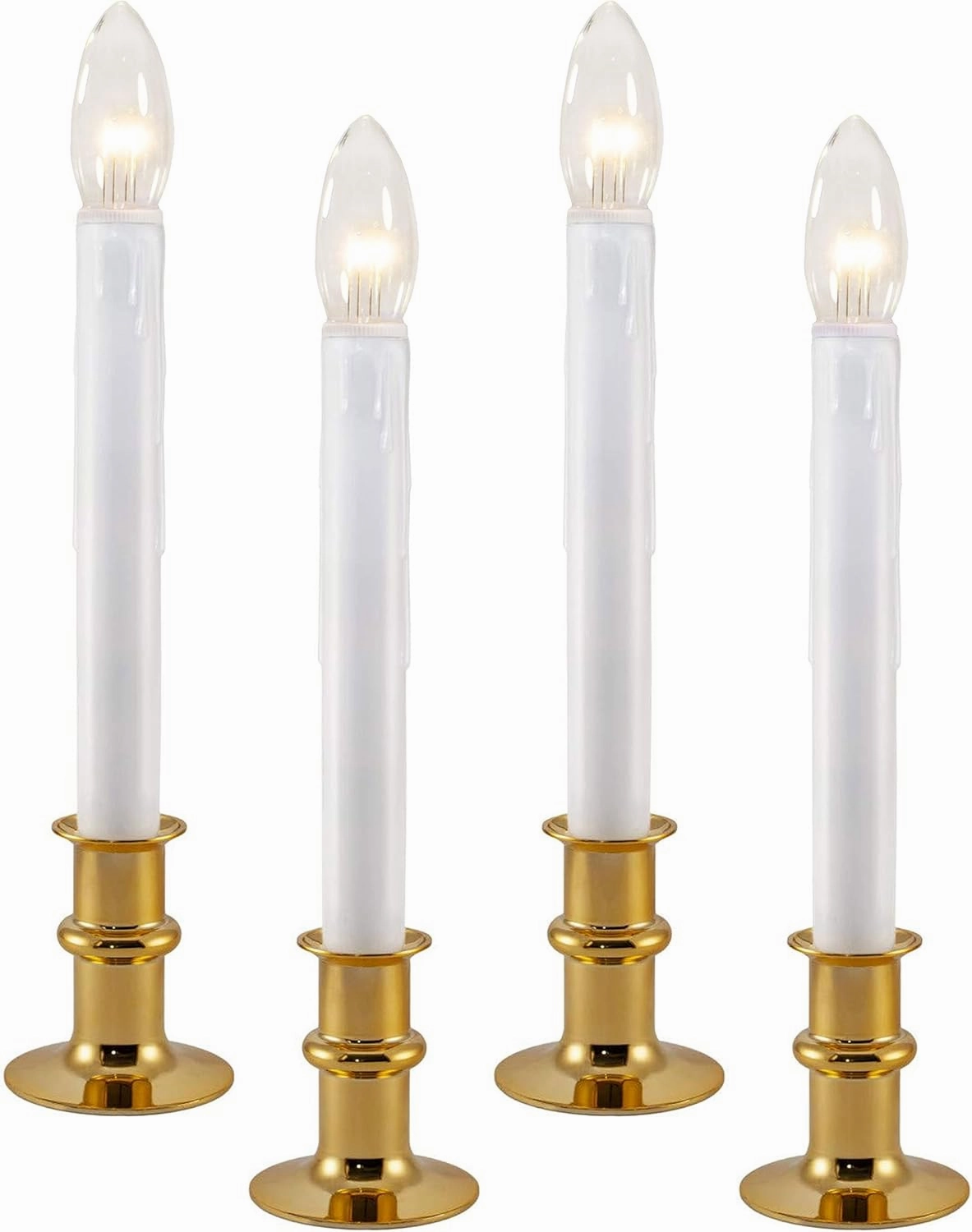 612 Vermont Ultra-Bright LED Window Candles with Timer, Battery Operated, Metal Base, White Candlestick, Adjustable Height (Pack of 4, Polished Brass)